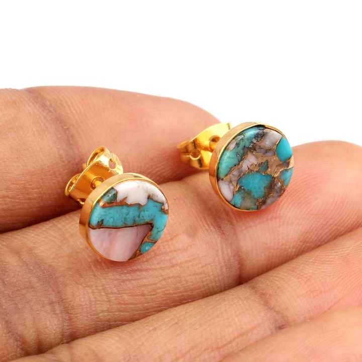 Trendy Stud Earring pink Earrings Turquoise Opal Copper Sterling Silver Bezel Natural Round pink & Blue Stud Earrings