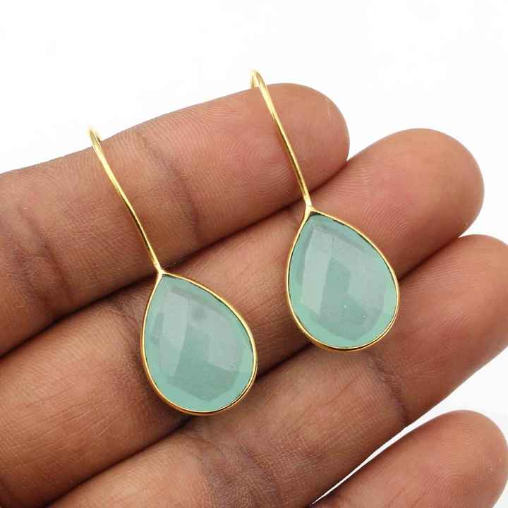 Best Selling Genuine Aqua Chalcedony 18k Gold Plated Sterling Silver Waterproof Jewelry Dainty Teardrop Fine Earrings for Her