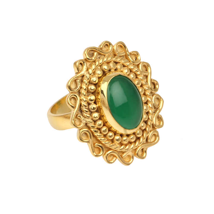 High Quality Handmade Design 10x14mm Natural Green Onyx Gemstone Bezel Silver 18k Gold Plated Designer Bohemian Ring for Wedding