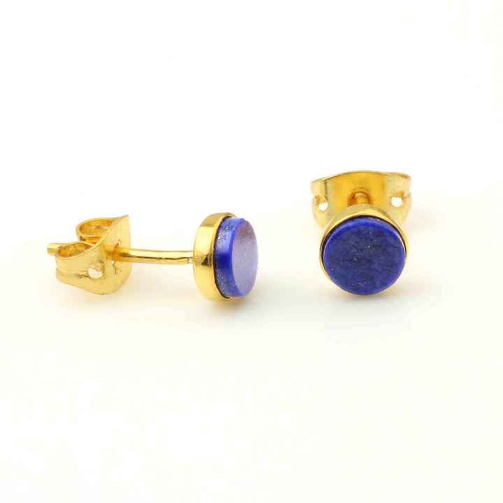 New Design 10mm Natural Lapis Lazuli Flat Gemstone Jewelry Gold Plated Silver Personalized Circle Cute Mini Stud Earrings for Mo