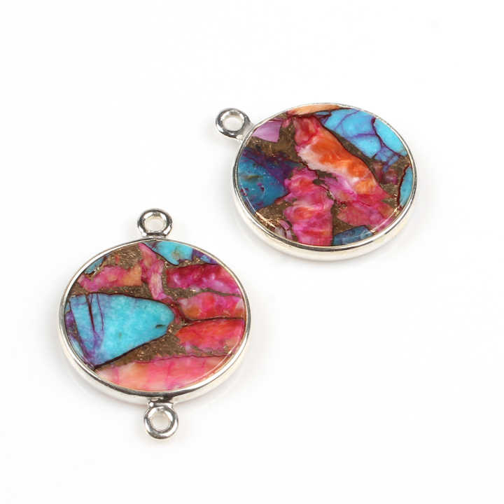 12mm Natural Mix Oyster Copper Turquoise Gemstone Jewellery Handmade Silver Round Coin Charm Connector for Pendant and Necklace