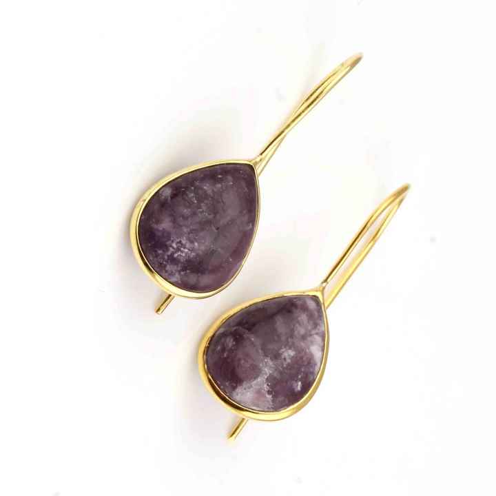Best Selling 12x16mm Natural Lepidolite Gemstone Jewelry Sterling Silver 18k Gold Plated Pear Shape Dangle Earrings for Women