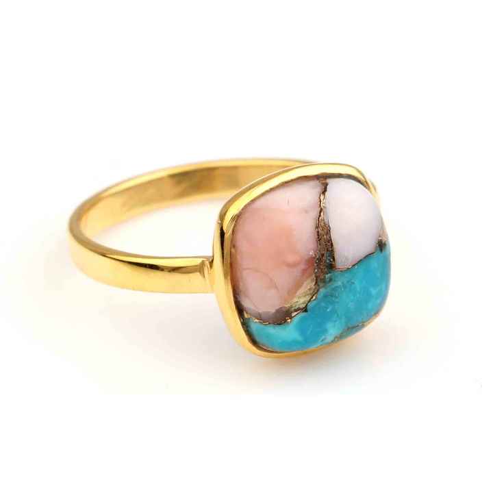 2024 Hot Selling 12mm Mohave Pink Opal Copper Turquoise Stone 18k Gold Plated Sterling Silver Dainty Cushion Ring Women Jewelry