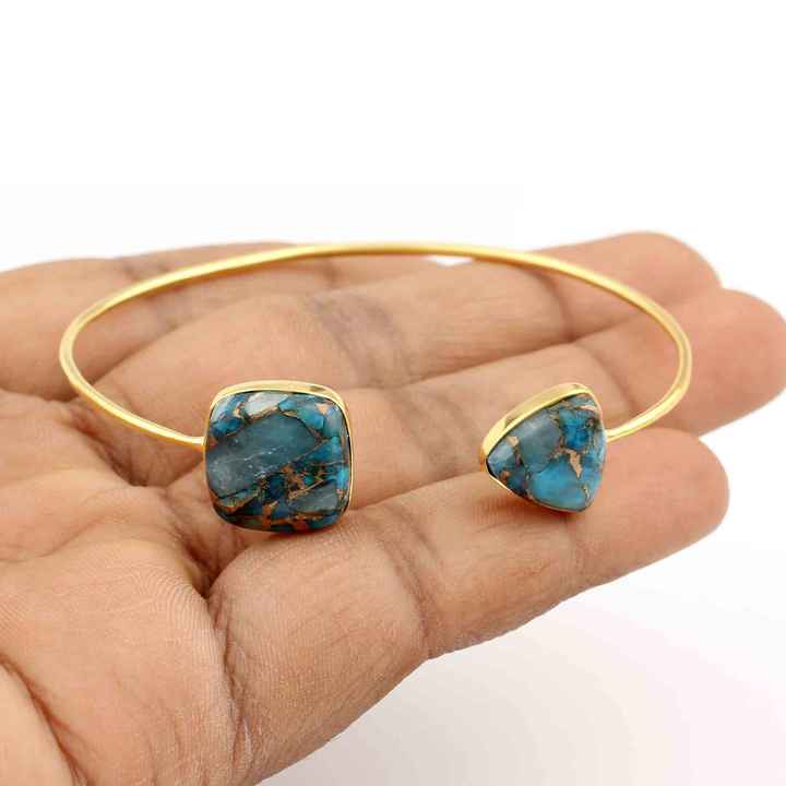 Top Selling Latest Design Mohave Blue Copper Turquoise Gemstone 18k Gold Plated Genuine 925 Silver Cuff Bangle for Women