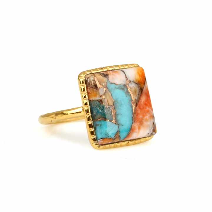 Best Selling 12mm Mohave Spiny Oyster Copper Turquoise Gemstone Bezel Designer Ring for Women 925 Silver Fine Jewelry Rhodium