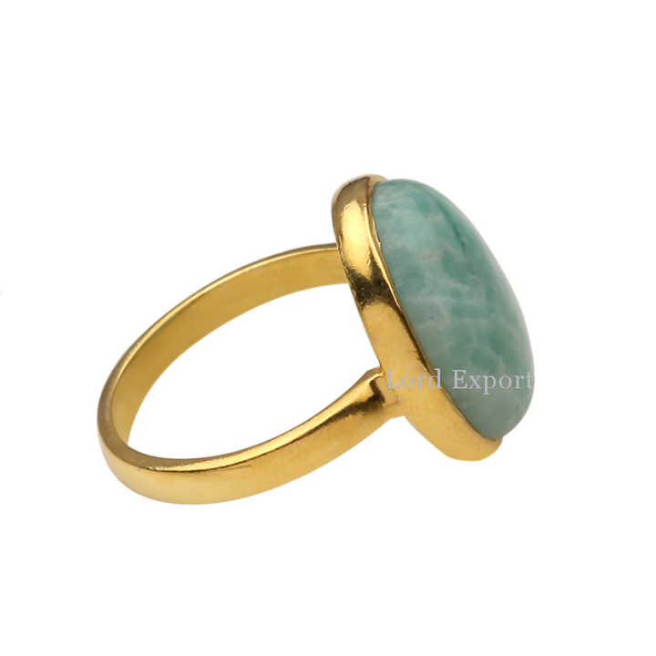 Best Selling 12x16mm Natural Amazonite Gemstone Bezel Jewelry 18k Gold Plated Genuine 925 Silver Dainty Oval Shape Ring for Her
