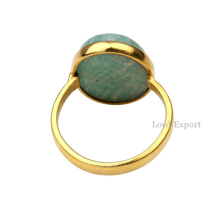 Best Selling 12x16mm Natural Amazonite Gemstone Bezel Jewelry 18k Gold Plated Genuine 925 Silver Dainty Oval Shape Ring for Her