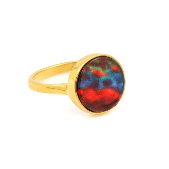 Superb Multi Fire 12mm Ammolite Quartz Gemstone Indian Jewelry Micron Gold Plated Round Solid 925 Silver Bezel Ring for Lady