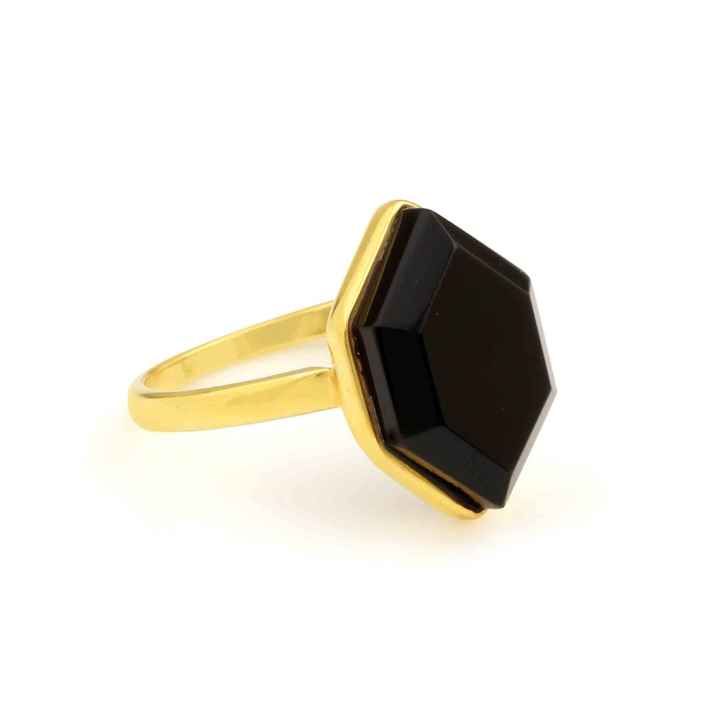Best Selling Sterling Silver Non Tarnish Nickel Free Jewelry 18k Gold Plated 8x16mm Hexagon Cut Dainty Black Onyx Ring for Her