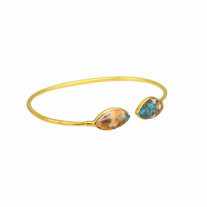 Solid 925 Sterling Silver Mohave Spiny Oyster Copper Turquoise Gemstone Bezel 18k Gold Plated Cuff Adjustable Bangle for Women