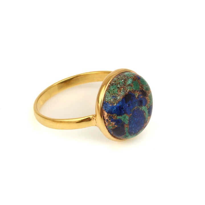 Top Quality 12mm Natural Azurite Copper Gemstone Prong Setting Jewelry 18k Gold Plated Genuine 925 Silver Dainty Ring for Her