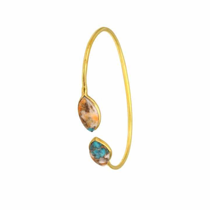 Solid 925 Sterling Silver Mohave Spiny Oyster Copper Turquoise Gemstone Bezel 18k Gold Plated Cuff Adjustable Bangle for Women