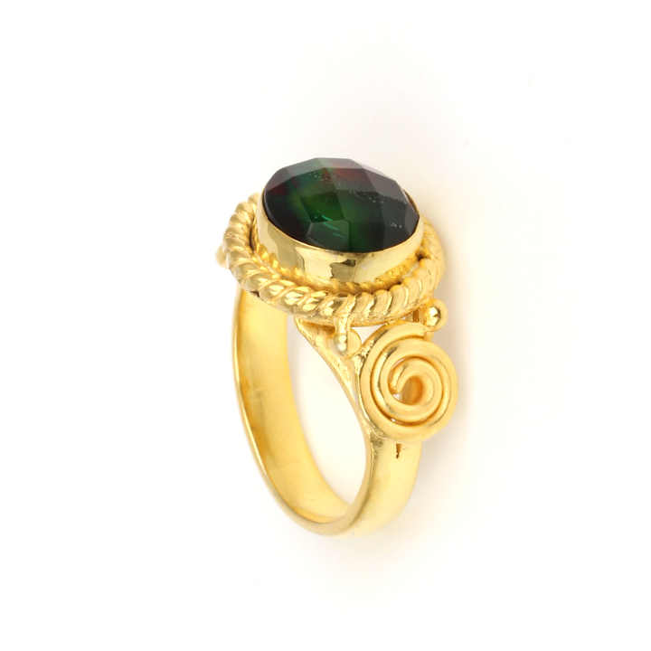 New Design 10mm Ammonite Quartz Gemstone Sterling Silver Jewelry 18k Gold Plated Designer Round Boho Bezel Ring for Women