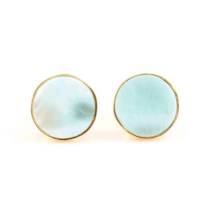 Best Selling Gorgeous Women Fashion Sterling Silver Natural Larimar Gemstone Bezel 18k Gold Plated Dainty Stud Earrings Jewelry