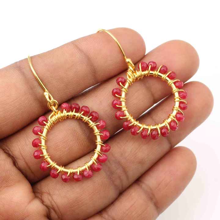 Women Fashion Dyed Rudy Drop Earrings Wholesale 925 Sterling Silver Gemstone Jewelry Gold Plated Round Beaded Drop Earrings