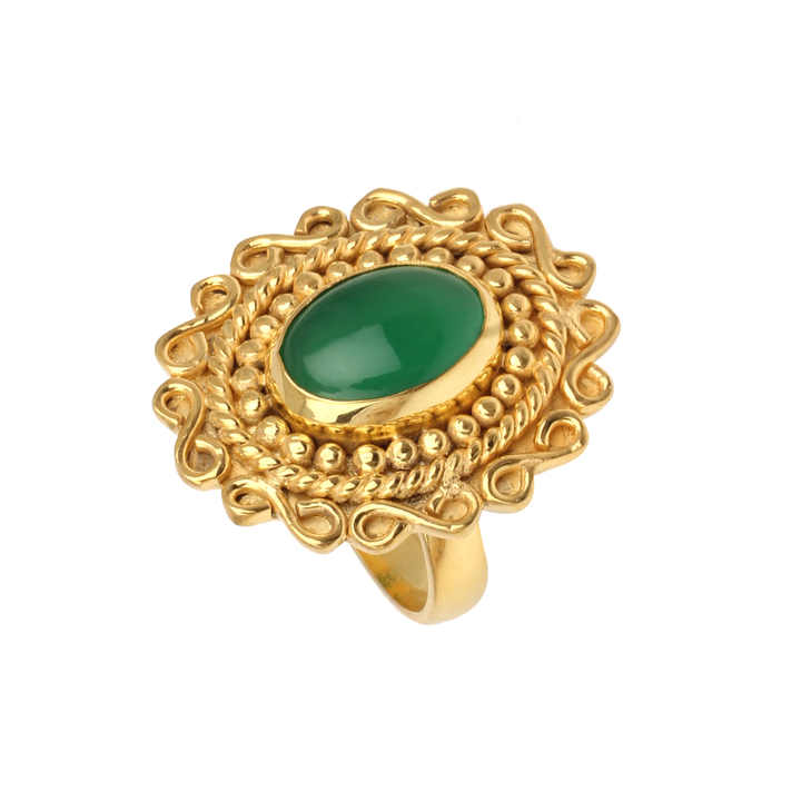 High Quality Handmade Design 10x14mm Natural Green Onyx Gemstone Bezel Silver 18k Gold Plated Designer Bohemian Ring for Wedding