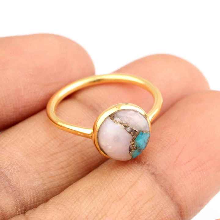 Best Selling Genuine 925 Sterling Silver Natural 10mm Pink Opal Copper Turquoise Gemstone 18k Gold Plated Dainty Ring for Women