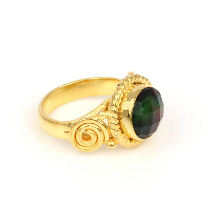 New Design 10mm Ammonite Quartz Gemstone Sterling Silver Jewelry 18k Gold Plated Designer Round Boho Bezel Ring for Women