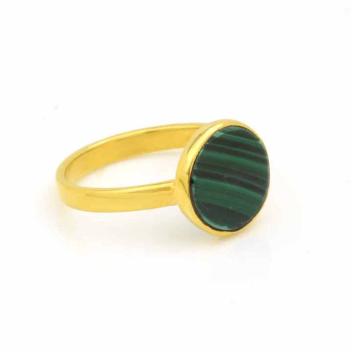 Beautiful 10mm Natural Green Malachite Flat Gemstone Women Jewelry 18k Gold Plated Sterling Silver Round Dainty Ring for Her