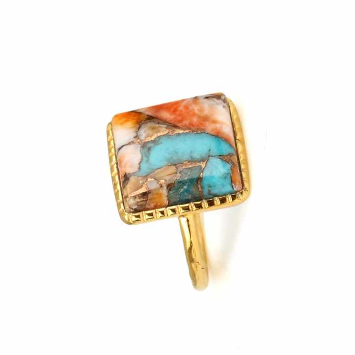 Best Selling 12mm Mohave Spiny Oyster Copper Turquoise Gemstone Bezel Designer Ring for Women 925 Silver Fine Jewelry Rhodium
