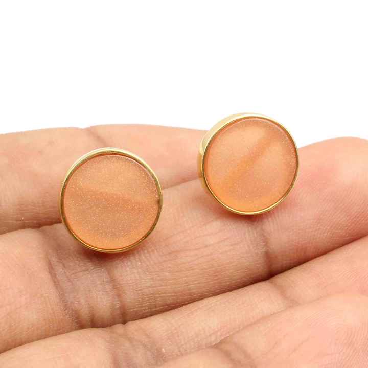 9mm Natural Peach Moonstone Handmade 18k Gold Plated Jewelry 925 Sterling Silver Bezel Gemstone Dainty Stud Earring for Women