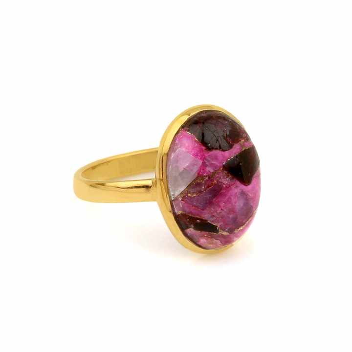 Beautiful Design 12x16mm Natural Mohave Pink Black Copper Turquoise Stone Bezel 18k Gold Plated Silver Dainty Oval Ring for Her