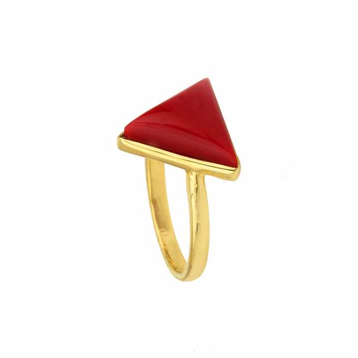 Best Selling Wholesale 12mm Synthetic Red Coral Gemstone Bezel Set 18k Gold Plated 925 Silver Dainty Triangle Ring for Women
