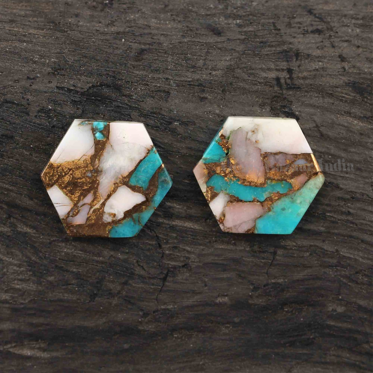 Pink Opal Copper Turquoise Hexagon Shape Flat Calibrated Gemstone, Loose Beads Semi Precious Stone For Love Gifted 12mm 2 Pcs Set