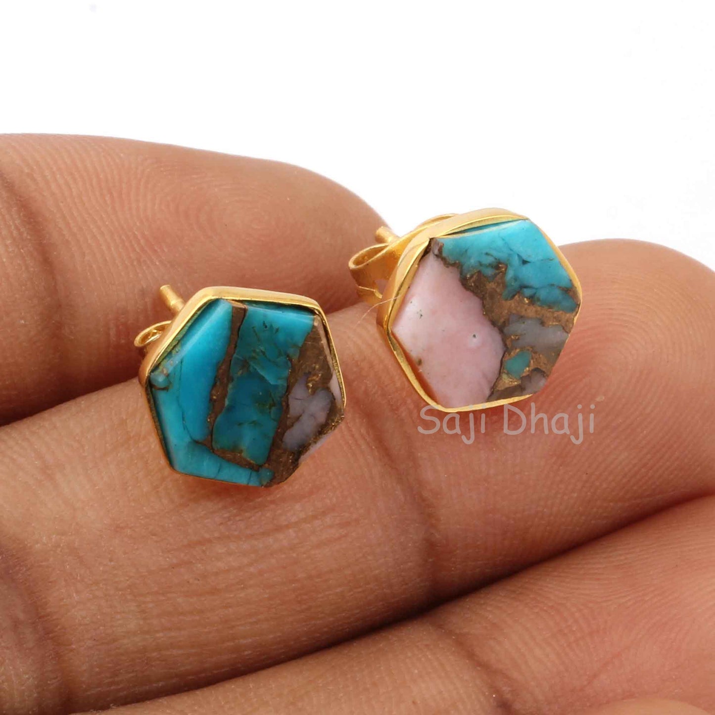 Pink Opal Copper Turquoise Gemstone Stud Earrings, 925 Sterling Silver Gold Plated Earrings, Hexagon Shape Flat Stud Earrings, For Gifted