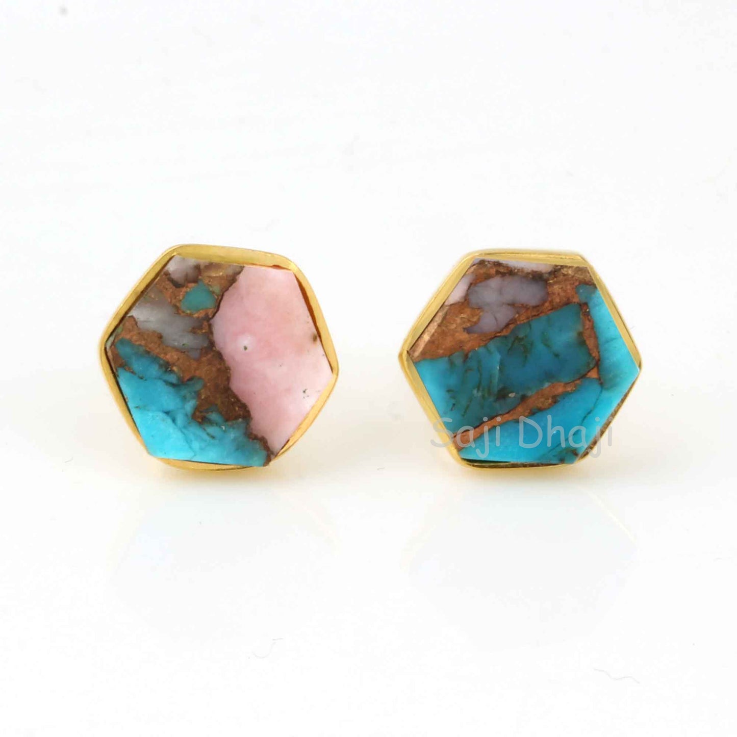 Pink Opal Copper Turquoise Gemstone Stud Earrings, 925 Sterling Silver Gold Plated Earrings, Hexagon Shape Flat Stud Earrings, For Gifted
