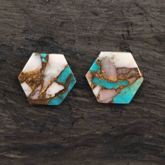 Pink Opal Copper Turquoise Hexagon Shape Flat Calibrated Gemstone, Loose Beads Semi Precious Stone For Love Gifted 12mm 2 Pcs Set
