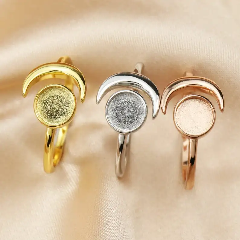 925 Sterling Silver Round Blank Bezel Ring Setting, Crescent Half Moon Open Ring, Good for Resin & Ashes Work, Breastmilk/Keepsake DIY