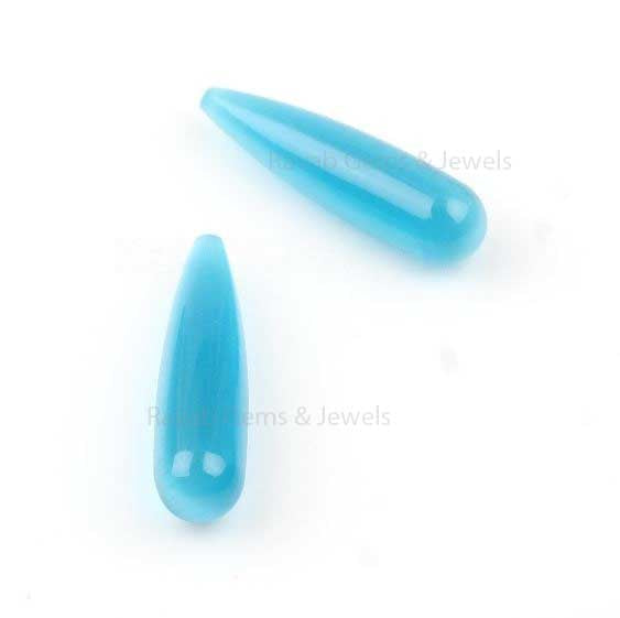 Sky Blue Cat's Eye Smooth Drop Gemstone, Calibrated Loose Beads Teardrop Semi Precious Stone For Fancy Earring Making 9x30mm 2 Pcs Set