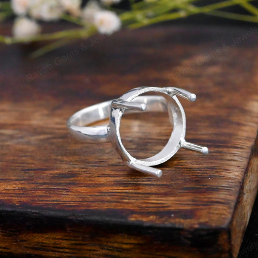 Genuine 925 Sterling Silver 12mm Round 4 Prong Setting Semi-Mount Blank Setting Empty Ring Handmade Custom Jewelry Suppliers
