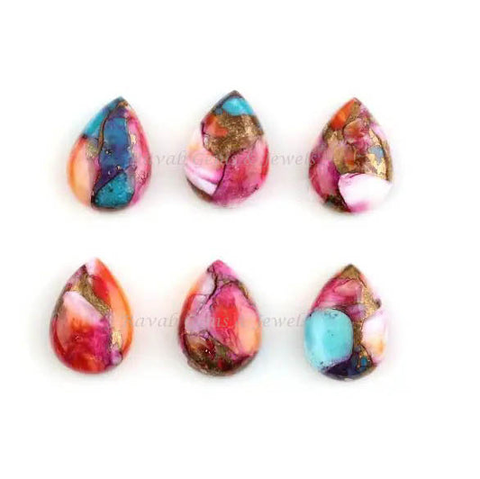 Spiny Oyster Copper Turquoise Pear Shape Cabochon Gemstone, Loose Beads Stones, Calibrated Stone For Jewelry Making Beads 12x16mm 2 Pcs Set