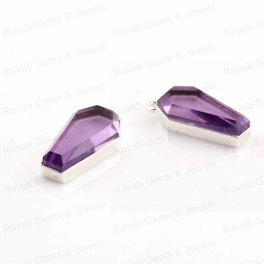 Amethyst Quartz Faceted Coffin Gemstone Pendant 925 Sterling Silver Pendant Charm For Jewelry, Lovely Necklace Charms 10x17mm 2 Pcs Set