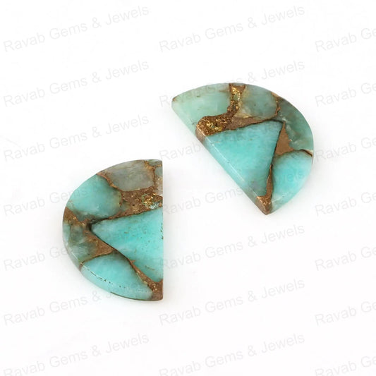 Amazonite Copper 'D' Half Moon Shape Both Side Flat Gemstone For Jewelry, Loose Beads Smooth Calibrated Stone For Earrings, Necklace 2 Pcs