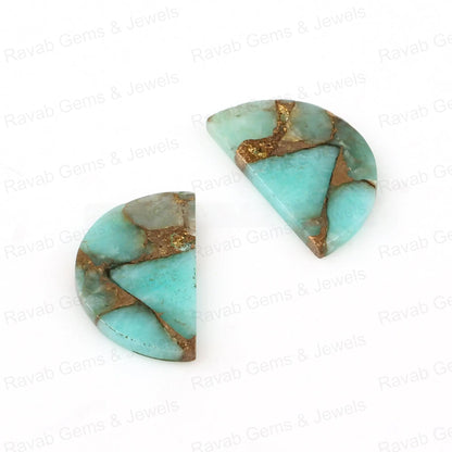 Amazonite Copper 'D' Half Moon Shape Both Side Flat Gemstone For Jewelry, Loose Beads Smooth Calibrated Stone For Earrings, Necklace 2 Pcs
