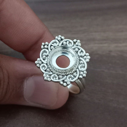 Solid 925 Sterling Silver Flower Bezel 7mm Cup Round Close Blank Collet Ring Bezel Setting Semi-Mount Blank Setting Ring Jewelry