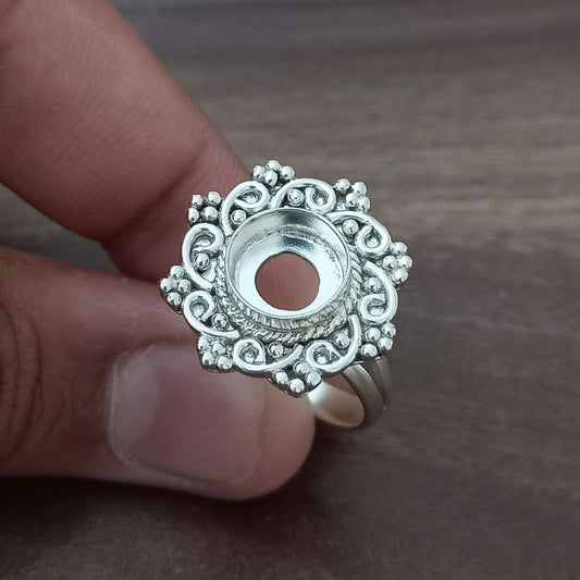 Solid 925 Sterling Silver Flower Bezel 7mm Cup Round Close Blank Collet Ring Bezel Setting Semi-Mount Blank Setting Ring Jewelry