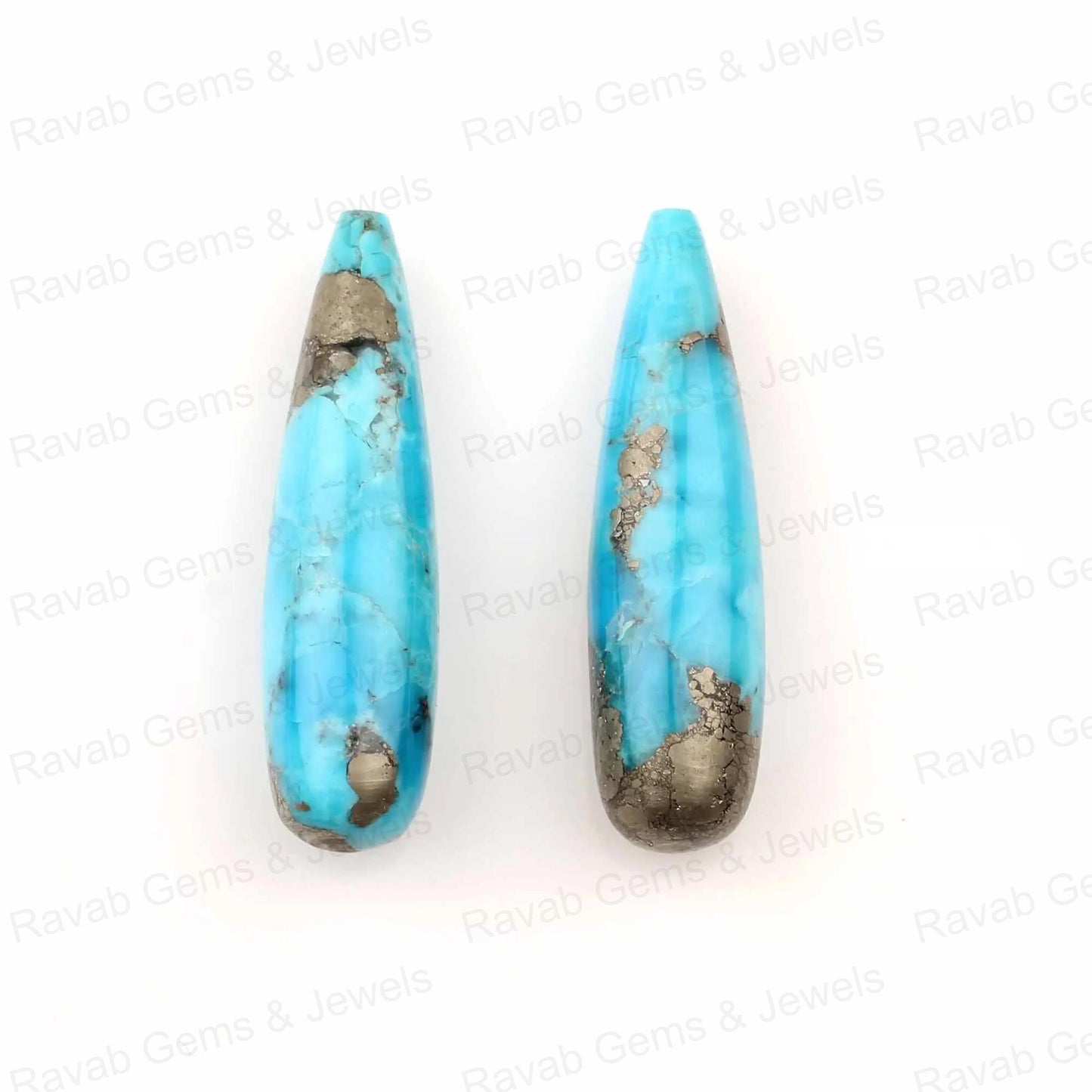 9x30mm Pyrite Turquoise Drop Smooth Gemstone, Loose Beads Calibrated Earring Pair Stone, Long Teardrop Best Quality Stones - 2 Pcs Set