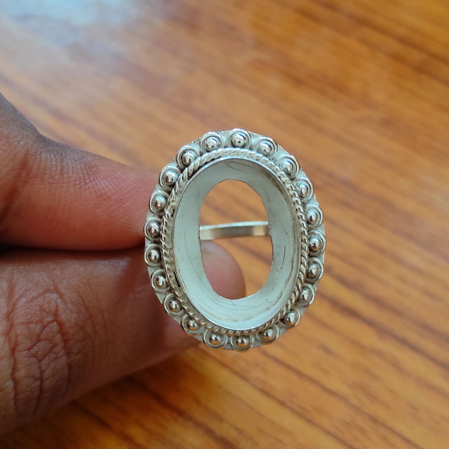 Genuine 925 Sterling Silver 8x10mm Bezel Setting Beaded Design Semi-Mount Blank Setting Handmade Custom Fine Ring For Women