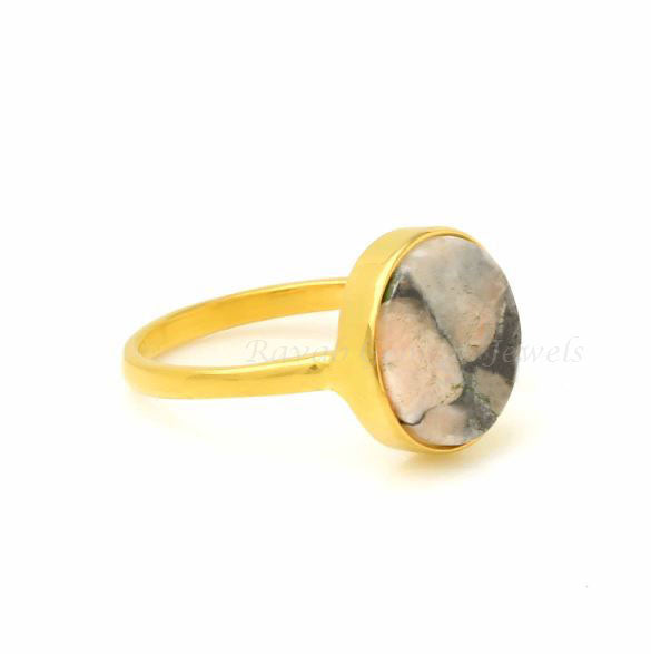 White Calcite Round Gemstone Ring, 925 Sterling Silver Gold Plated Ring, 12mm Handmade Stone Jewelry Ring, Statement Ring For Gifted