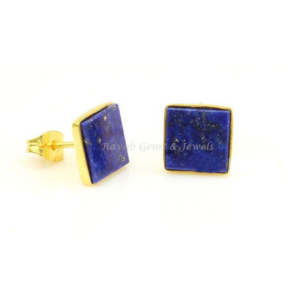 Lapis Lazuli Square Gemstone Stud Earrings, Gold Plated 925 Sterling Silver Earrings, Smooth Flat Calibrated Stone Stud Earring For Gifted