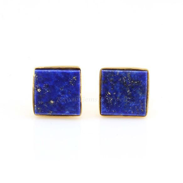 Lapis Lazuli Square Gemstone Stud Earrings, Gold Plated 925 Sterling Silver Earrings, Smooth Flat Calibrated Stone Stud Earring For Gifted
