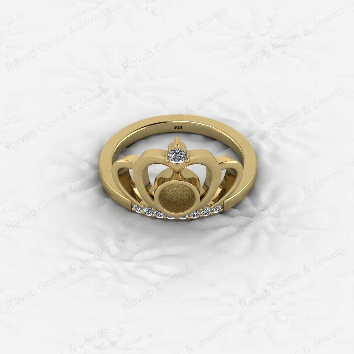 High Quality 925 Silver Princess Crown 6mm Round CZ Semi Mount Blank Bezel Breastmilk Keepsake Resin Ashes Ring Setting Jewelry
