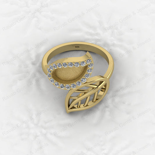 Genuine 925 Silver Nature Inspired Leaf With CZ Semi Mount Blank Setting Ring Good for Resin & Ashes Work Keepsake DIY Jewelry