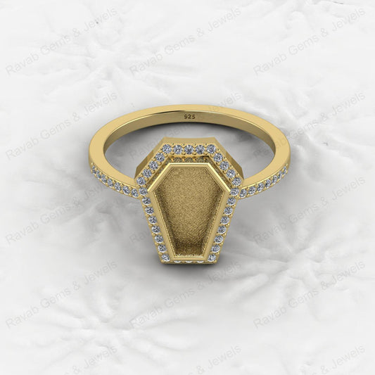 Custom Design 925 Sterling Silver Coffin Shape CZ Semi Mount Blank Setting Ring for Gemstone Findings Without Stone Jewelry