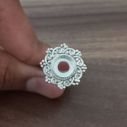 Solid 925 Sterling Silver Flower Bezel 7mm Cup Round Close Blank Collet Ring Bezel Setting Semi-Mount Blank Setting Ring Jewelry