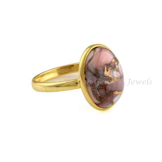 Pink Opal Copper Oval Ring, 925 Sterling Silver Gold Plated Ring, Gemstone Ring, 10x14mm Gemstone Ring, Personalized Ring For Her